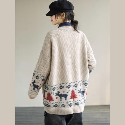 For Work Spring knit sweat tops trendy plus size Beige Deer Print knitted cardigans - SooLinen