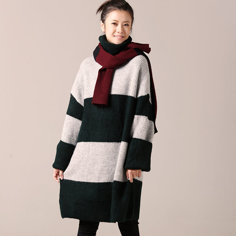 Für die Arbeit Pullover Kleid Outfit Frauen Langarm grün gestreiften Tunika Strickkleid Herbst High Neck