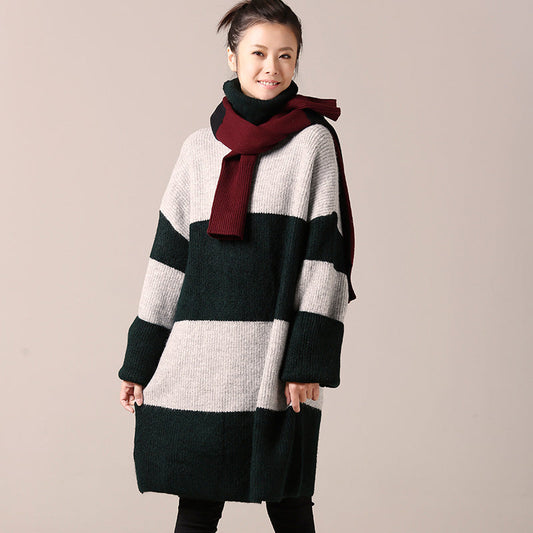 Für die Arbeit Pullover Kleid Outfit Frauen Langarm grün gestreiften Tunika Strickkleid Herbst High Neck