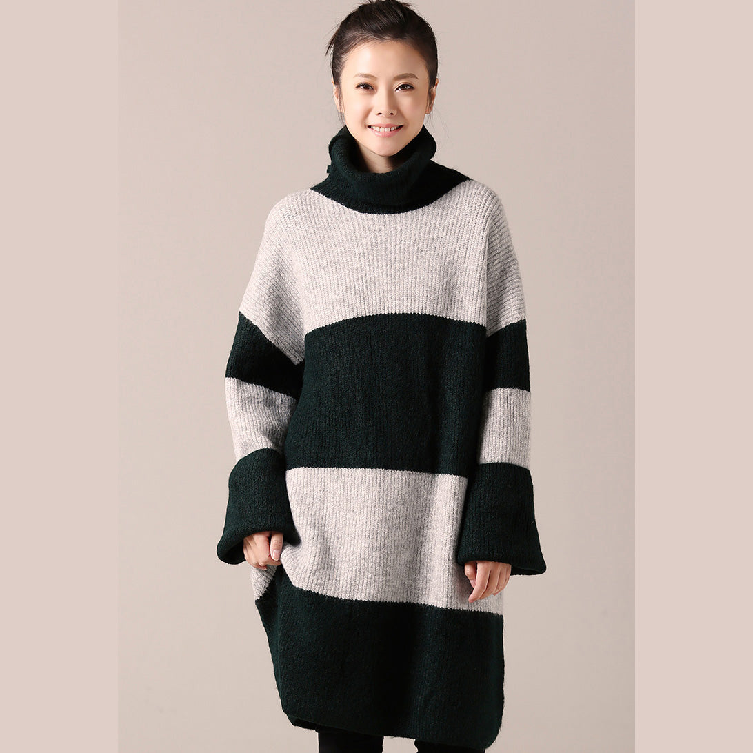 Für die Arbeit Pullover Kleid Outfit Frauen Langarm grün gestreiften Tunika Strickkleid Herbst High Neck