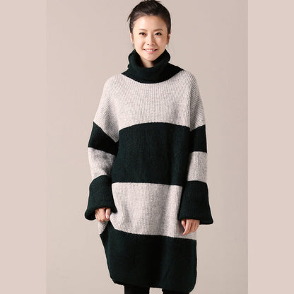 Für die Arbeit Pullover Kleid Outfit Frauen Langarm grün gestreiften Tunika Strickkleid Herbst High Neck