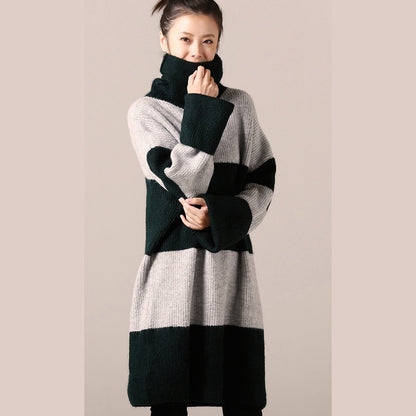 Für die Arbeit Pullover Kleid Outfit Frauen Langarm grün gestreiften Tunika Strickkleid Herbst High Neck