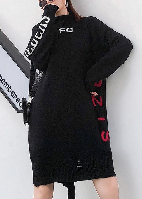 For Work alphabet Sweater high neck dress outfit plus size black Funny knit dress - SooLinen