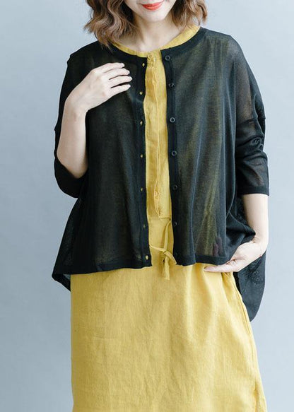 For Work black fall fashion fall cotton linen o neck Batwing Sleeve tops - SooLinen