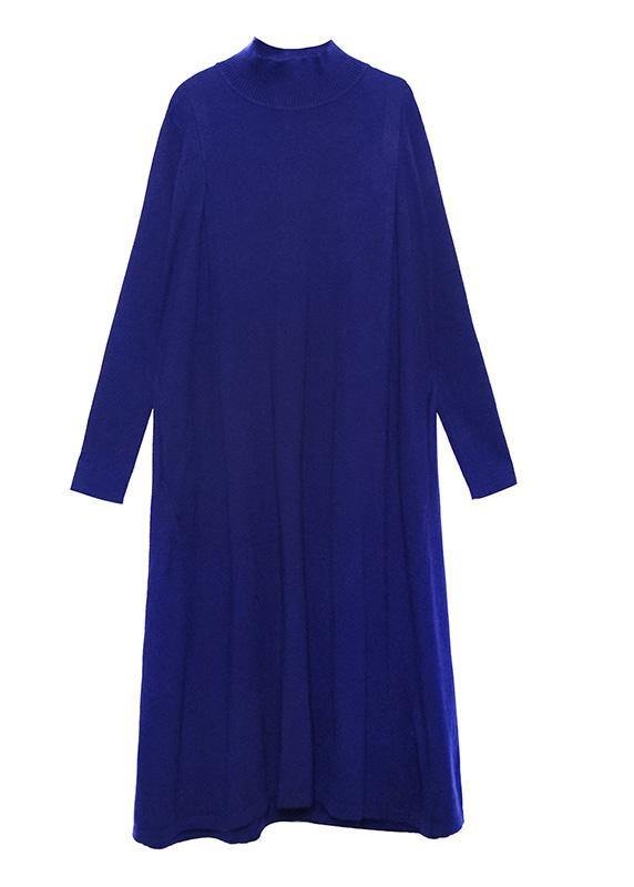 For Work blue Sweater dress Design high neck large hem Art fall knit dress - SooLinen