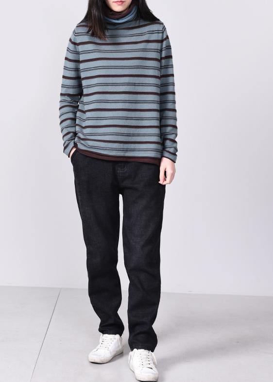 For Work blue knitted blouse plus size striped sweaters high neck - SooLinen