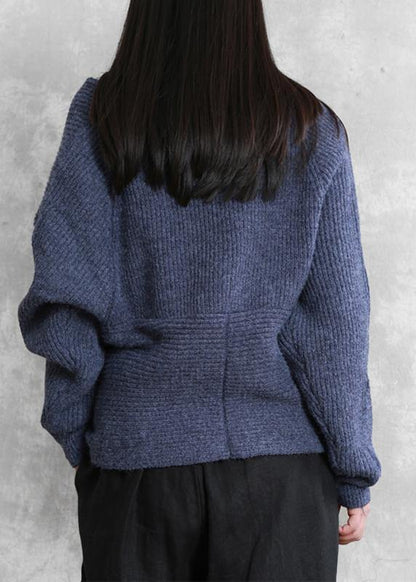 For Work blue knitted clothes plus size knit sweat tops v neck Batwing Sleeve - SooLinen