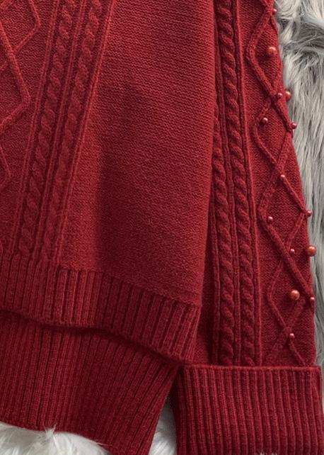 For Work burgundy Sweater Blouse low high design oversize high neck knitwear - SooLinen