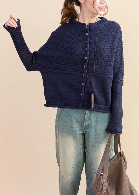 For Work dark blue Loose fitting fall knitwear o neck Button Down tops - SooLinen