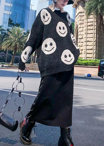 For Work dark gray print clothes trendy plus size o neck knit tops - SooLinen