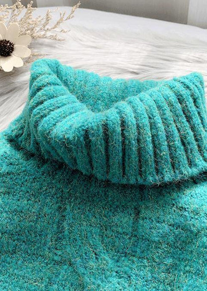 For Work fall green knit sweat tops plus size high neck patchwork Blouse - SooLinen