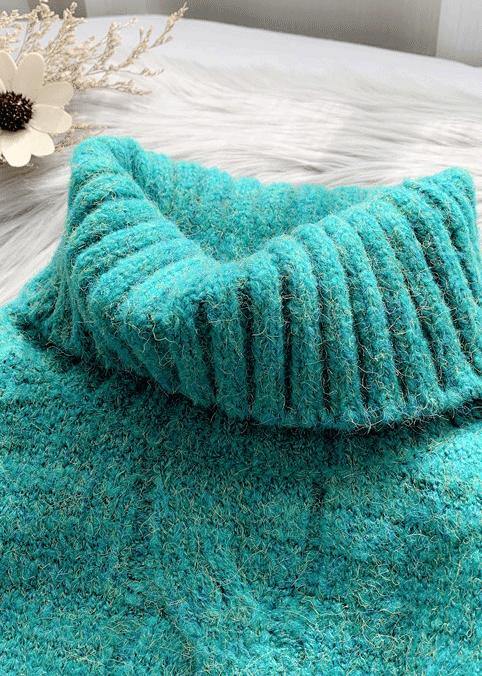 For Work fall green knit sweat tops plus size high neck patchwork Blouse - SooLinen