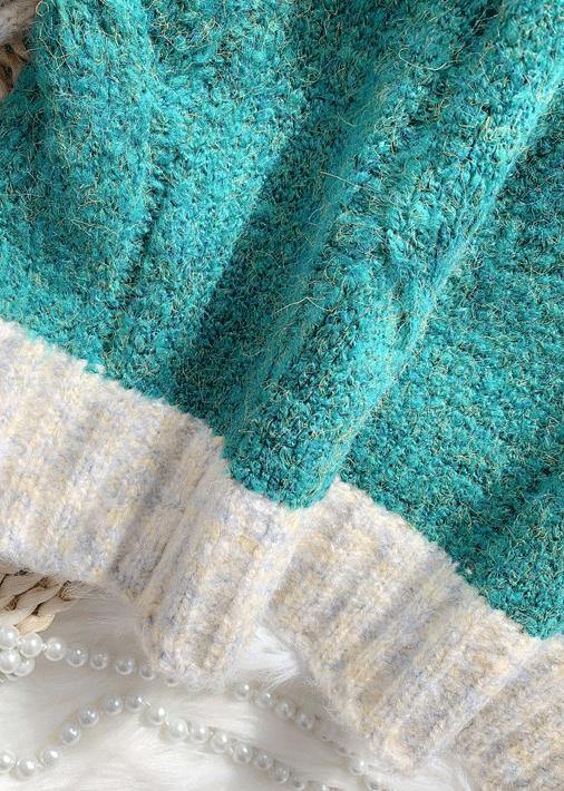 For Work fall green knit sweat tops plus size high neck patchwork Blouse - SooLinen