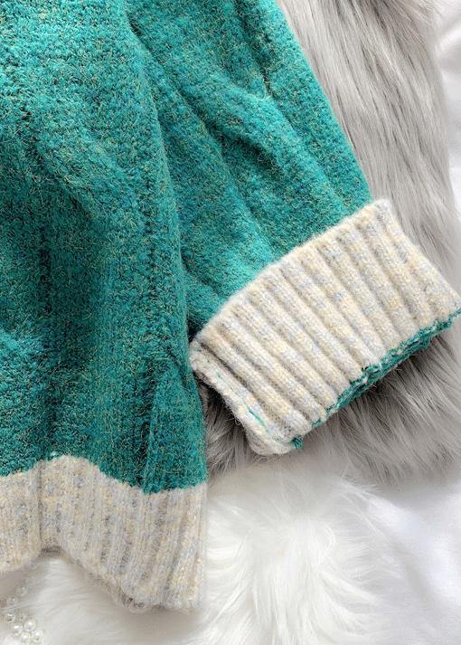 For Work fall green knit sweat tops plus size high neck patchwork Blouse - SooLinen