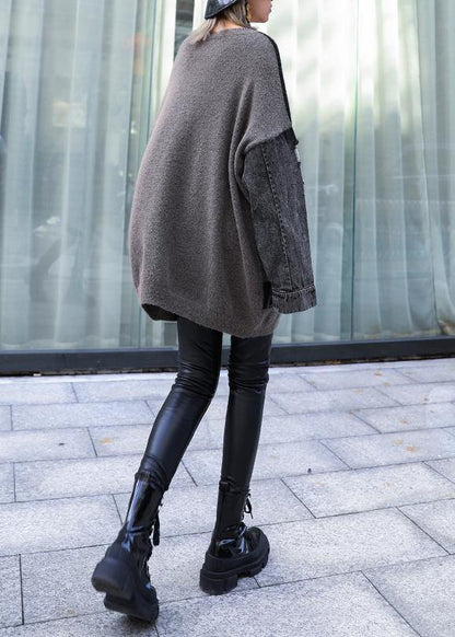 For Work gray chocolate patchwork knitted clothes plus size o neck Hole knitwear - SooLinen