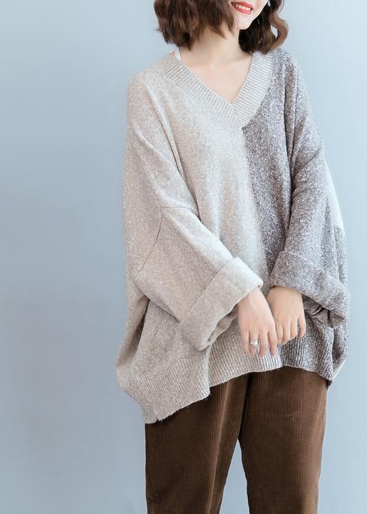 For Work gray knitted t shirt v neck patchwork trendy plus size knit sweat tops - SooLinen