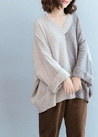 For Work gray knitted t shirt v neck patchwork trendy plus size knit sweat tops - SooLinen