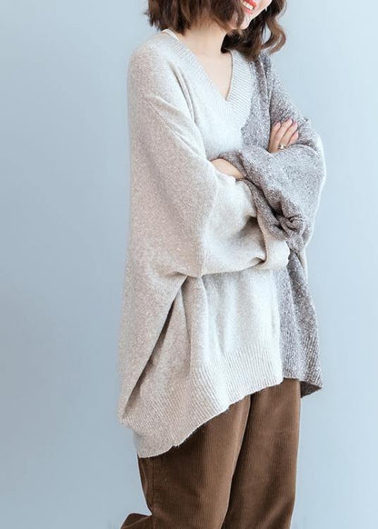 For Work gray knitted t shirt v neck patchwork trendy plus size knit sweat tops - SooLinen