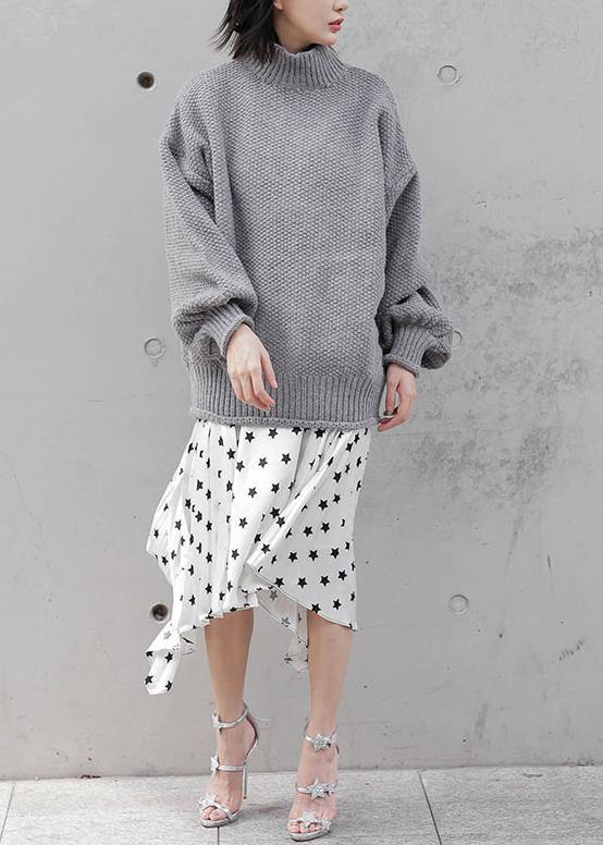 For Work gray knitwear plus size clothing high neck lantern sleeve knitted t shirt - SooLinen