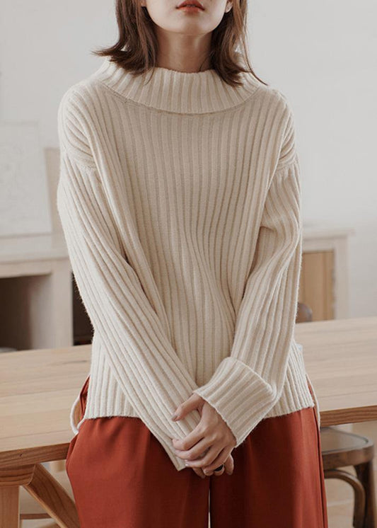 For Work high neck white sweaters plus size winter knitted top - SooLinen