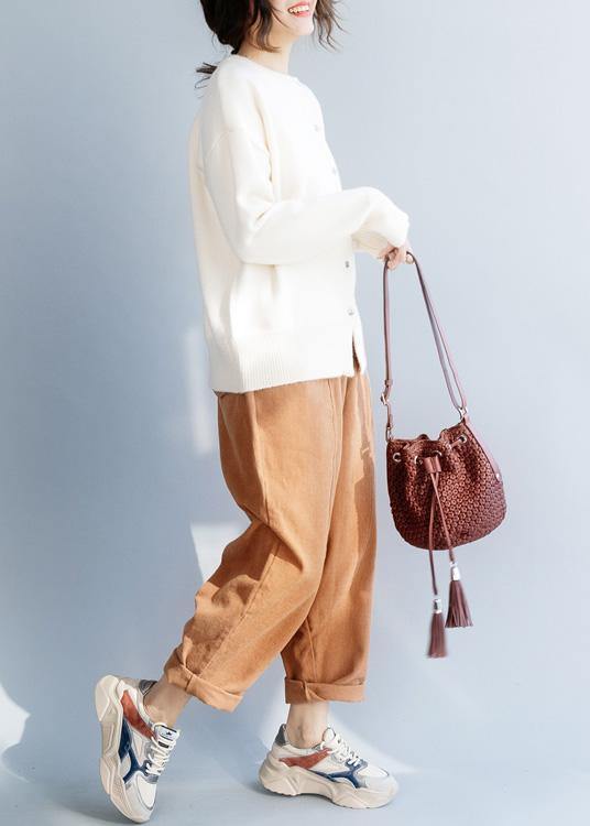 For Work o neck beige knitwear casual long sleeve knit blouse - SooLinen