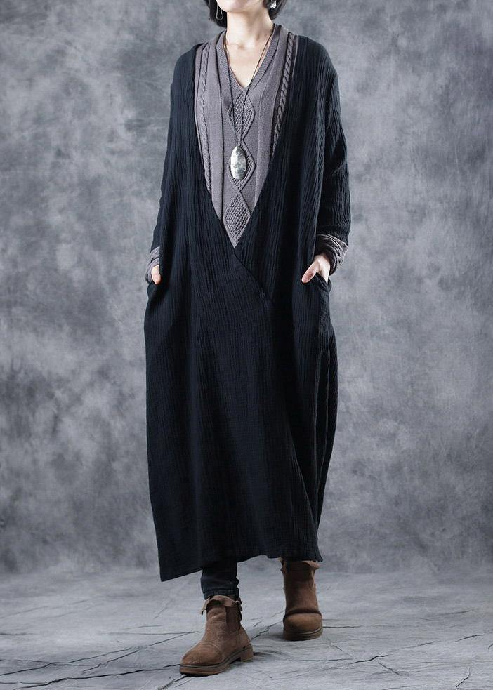 For Work patchwork Sweater v neck outfits Largo black DIY knit dress - SooLinen