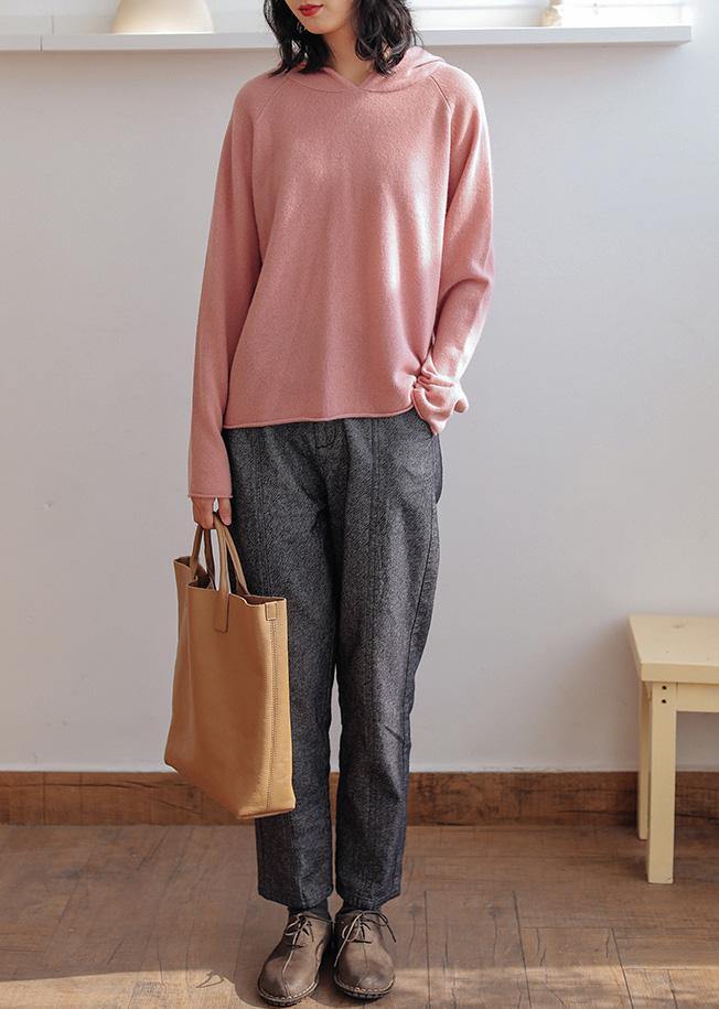 For Work pink knitted top hooded baggy trendy plus size knitwear - SooLinen