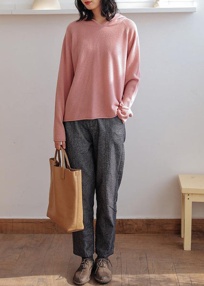 For Work pink knitted top hooded baggy trendy plus size knitwear - SooLinen