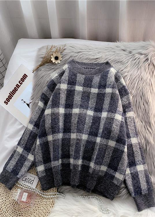 For Work purple knitted clothes warm oversized plaid knitwear - SooLinen