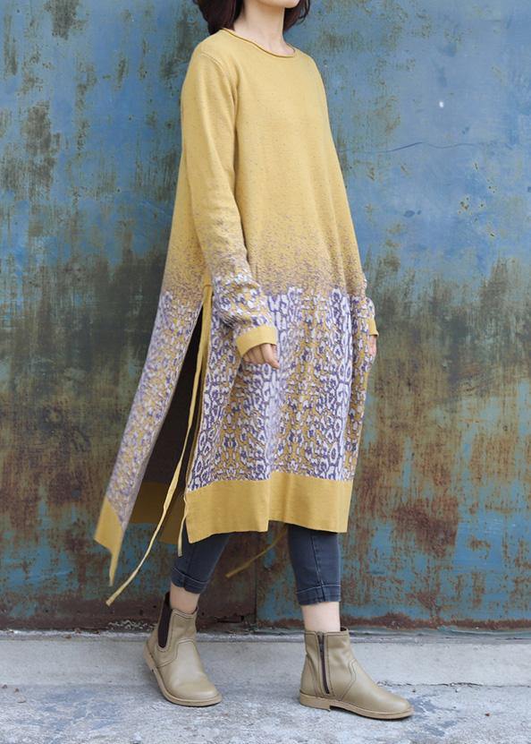 For Work side open Sweater o neck weather Classy yellow Jacquard Hipster sweater dress - SooLinen