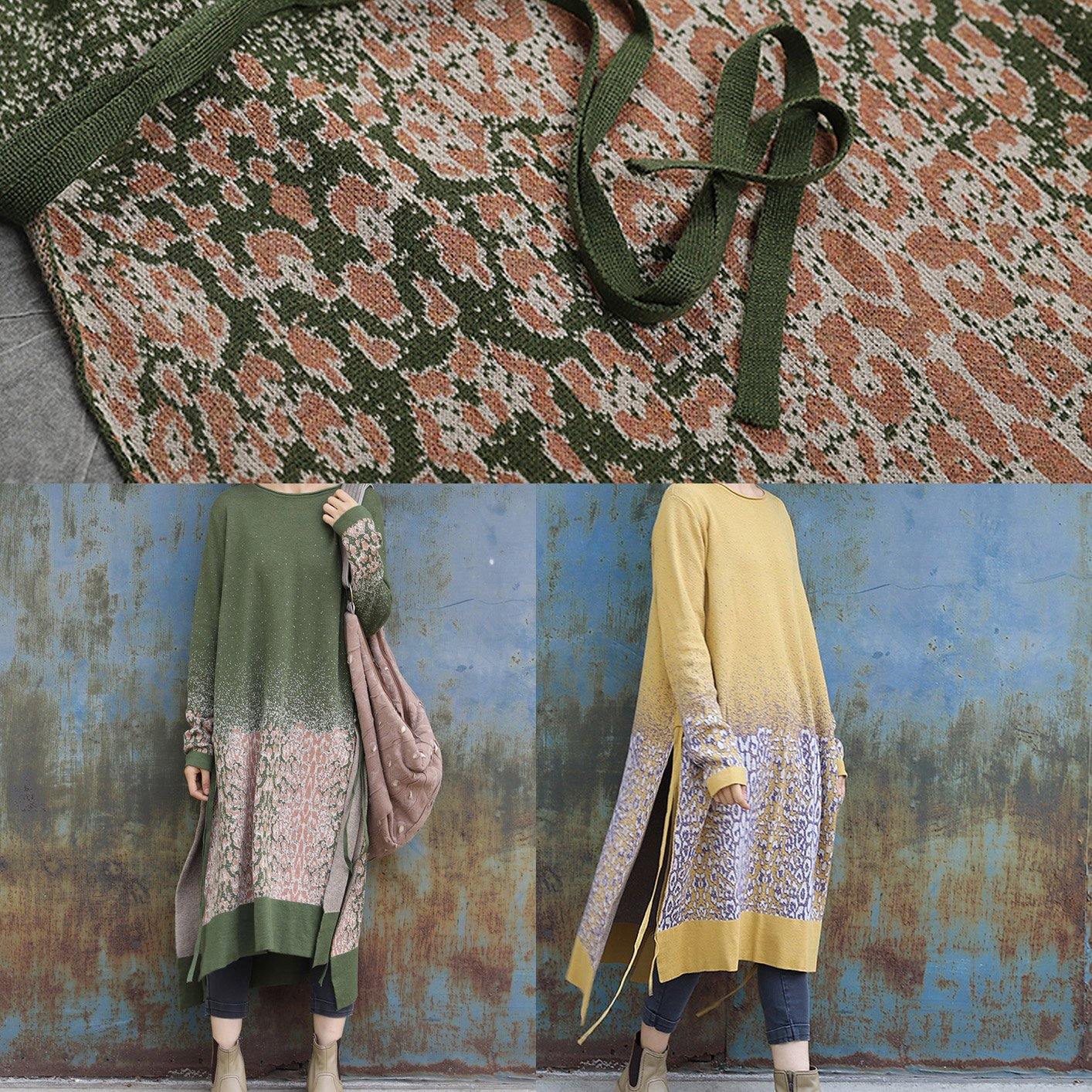 For Work side open Sweater o neck weather Classy yellow Jacquard Hipster sweater dress - SooLinen