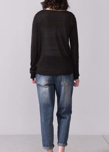 For fall striped knitted t shirt casual false two piecesknit sweat tops o neck - SooLinen