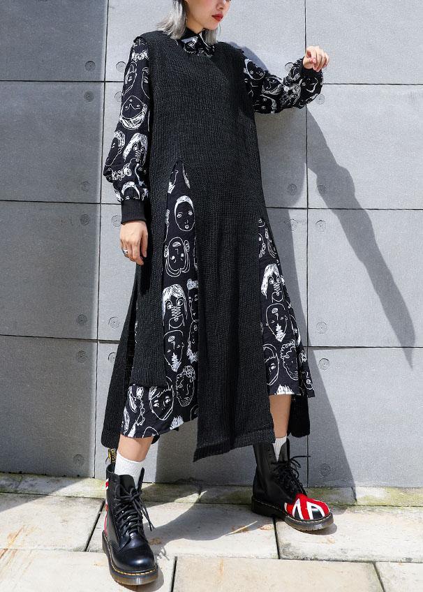 For two pieces Sweater Aesthetic plus size black asymmetric Big knit top fall - SooLinen