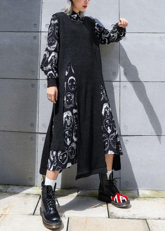 For two pieces Sweater Aesthetic plus size black asymmetric Big knit top fall - SooLinen