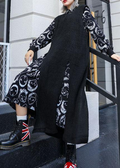 For two pieces Sweater Aesthetic plus size black asymmetric Big knit top fall - SooLinen