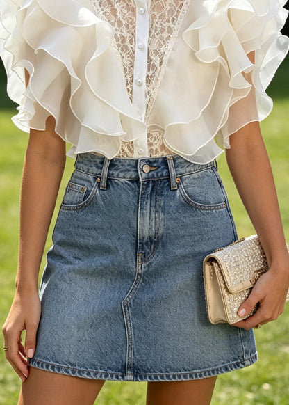 French Apricot Chiffon Ruffled Patchwork Lace Top Summer