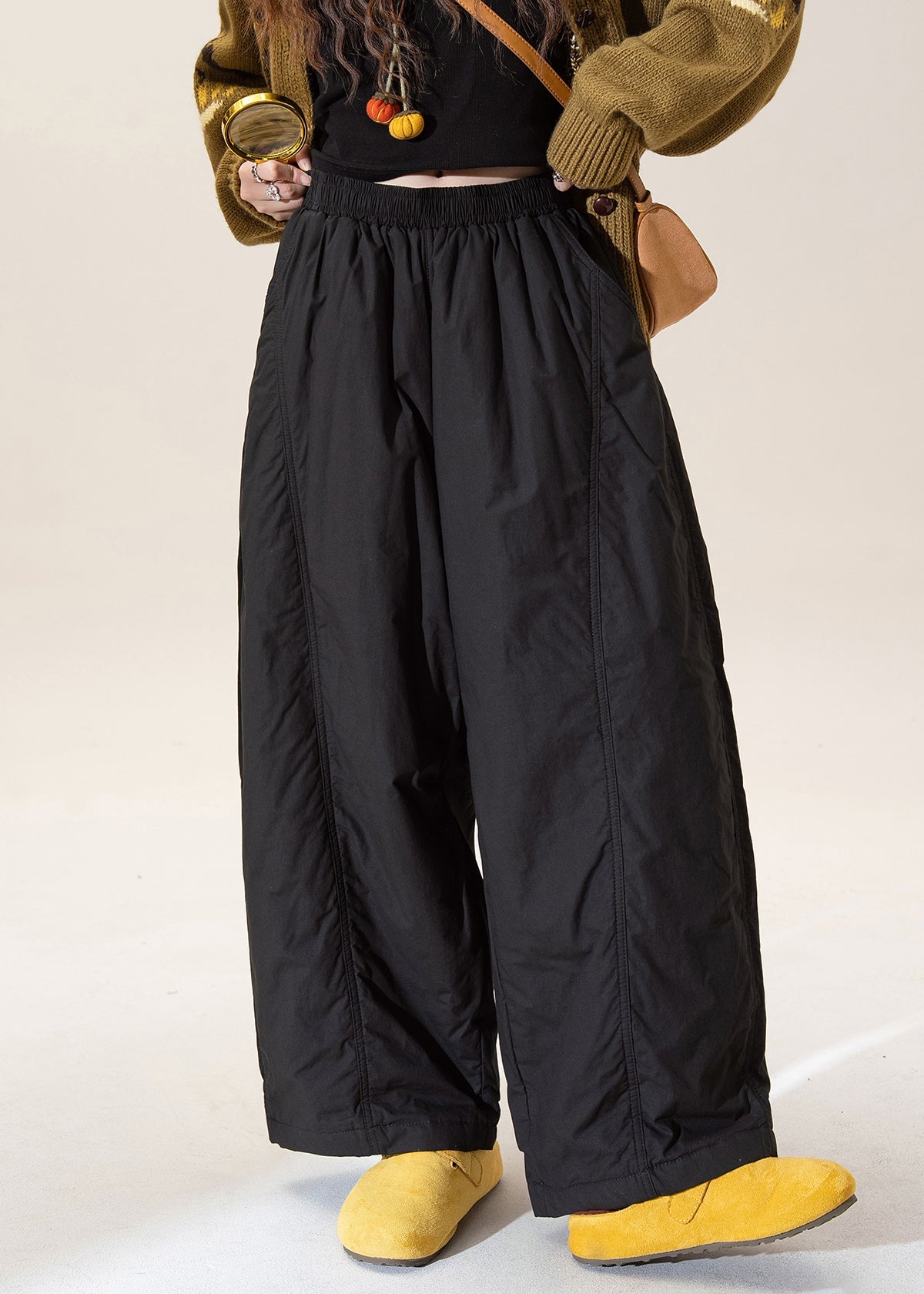 Pantalones de invierno de algodón fino con cintura elástica color albaricoque francés