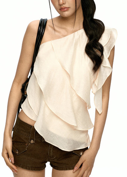 French Apricot One Shoulder Ruffled Cotton Tops Women Clothing Summer