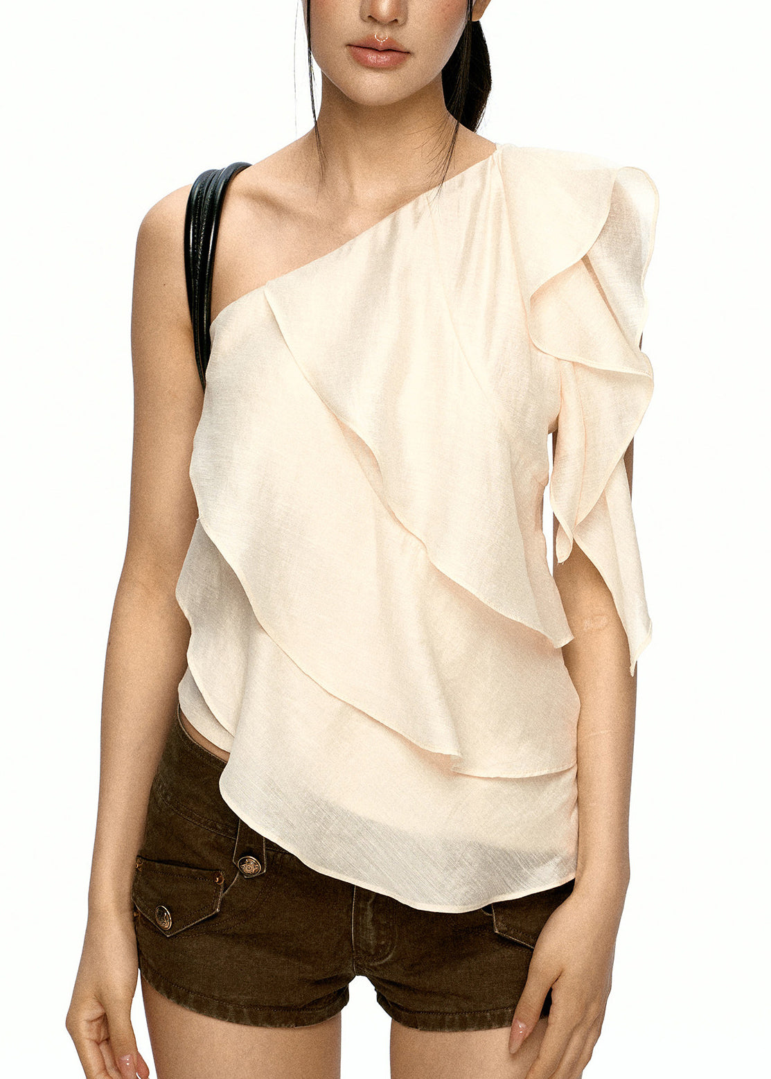 French Apricot One Shoulder Ruffled Cotton Tops Women Clothing Summer