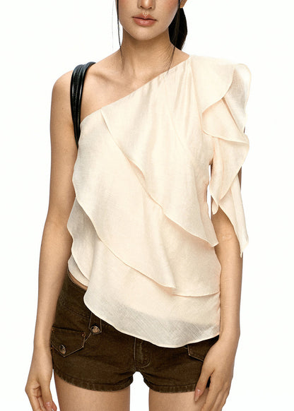 French Apricot One Shoulder Ruffled Cotton Tops Women Clothing Summer