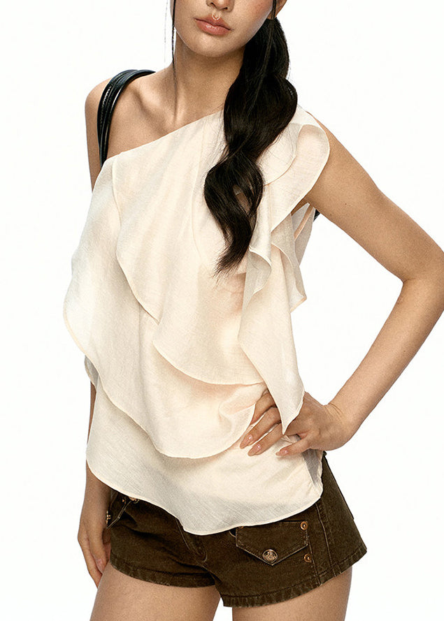 French Apricot One Shoulder Ruffled Cotton Tops Women Clothing Summer