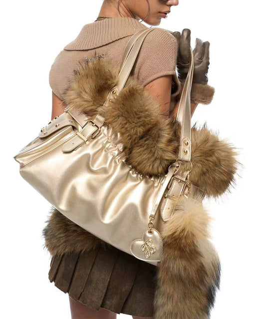 Bolso tote de piel sintética con diseño original de patchwork en albaricoque francés