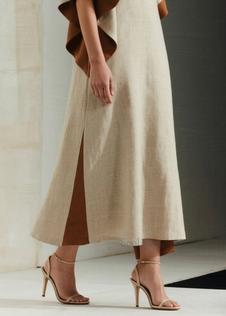 Französisch-aprikosenfarbenes, übergroßes Patchwork-Baumwollkleid mit Schmetterlingsärmeln