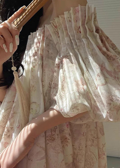 French Apricot Print Cold Shoulder Holiday Dress Lantern Sleeve