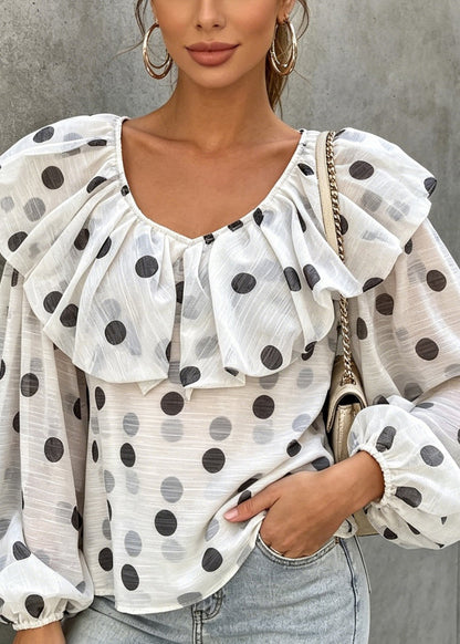 French Apricot Ruffled Dot Chiffon Blouse Top Lantern Sleeve
