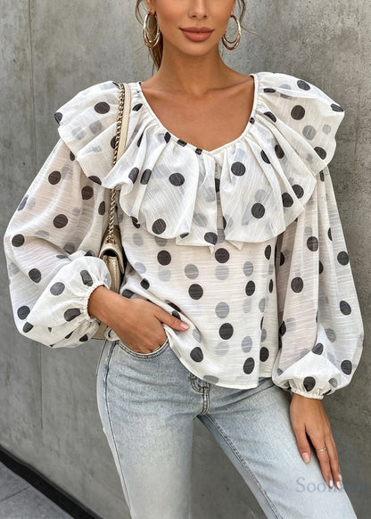 French Apricot Ruffled Dot Chiffon Blouse Top Lantern Sleeve