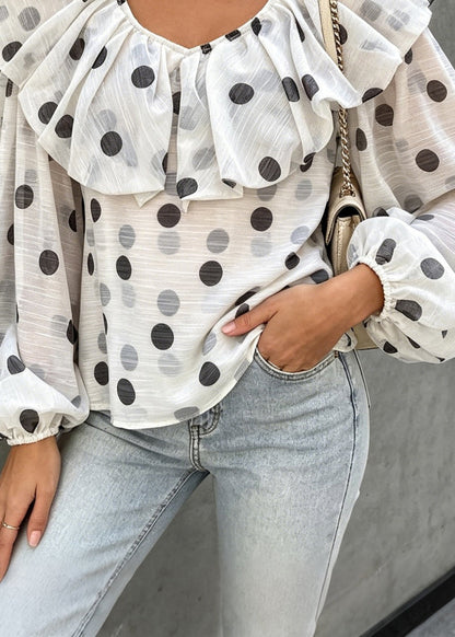 French Apricot Ruffled Dot Chiffon Blouse Top Lantern Sleeve