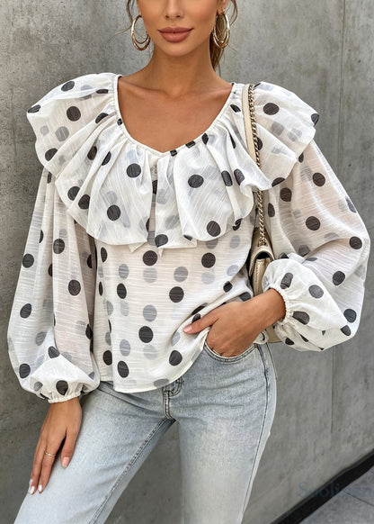 French Apricot Ruffled Dot Chiffon Blouse Top Lantern Sleeve