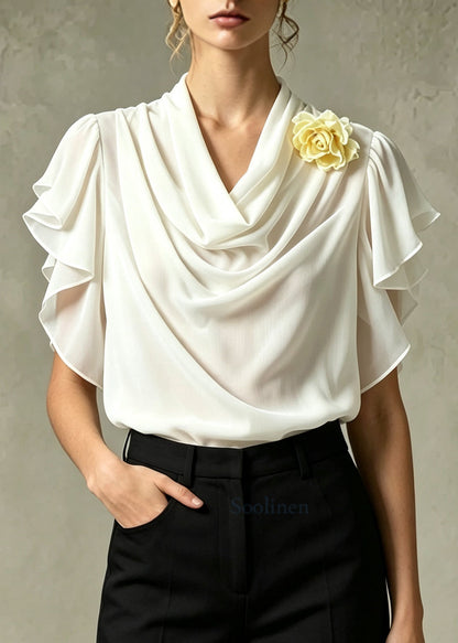 French Apricot Ruffled Floral Chiffon Shirt Tops Summer