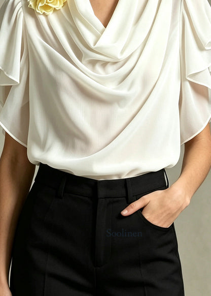 French Apricot Ruffled Floral Chiffon Shirt Tops Summer